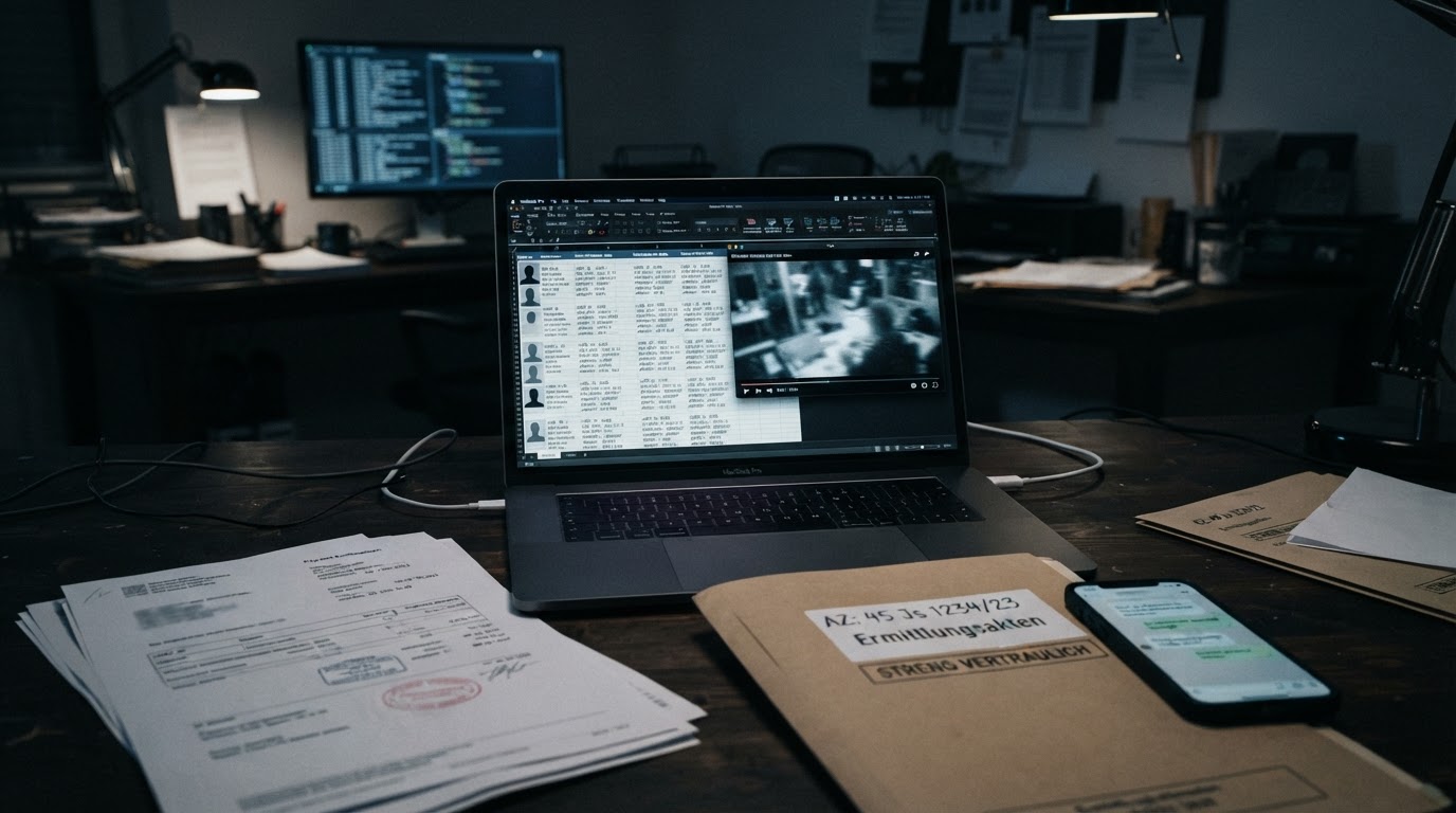 Laptop mit abstrakter Kundendatenbank und Zahlungsdatensätzen, daneben Zahlungsbelege, Aktenmappe und Smartphone – Symbolbild für Ermittlungen gegen Pay-TV-Kunden.