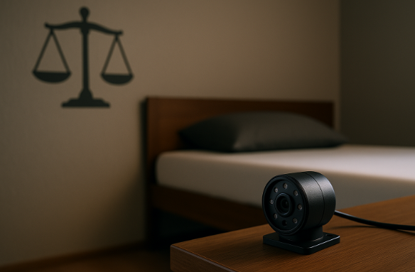 Versteckte Kamera im Untermietzimmer mit Blick aufs Bett – Symbolbild für die juristische Gratwanderung zwischen Privatsphäre und strafrechtlichem Schutz.