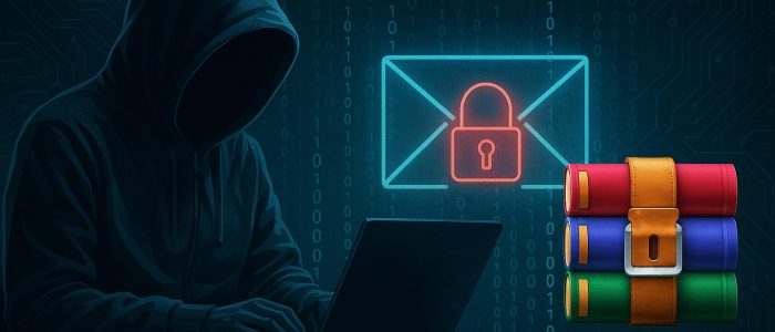 Es handelt sich um eine digitale Illustration eines Hackers mit Kapuzenpulli, der an einem Laptop arbeitet. Der Hintergrund ist dunkelblau und zeigt binäre Zahlen sowie Schaltkreislinien. Über dem Laptop schwebt ein E-Mail-Symbol mit rotem Schloss. Rechts daneben ist das WinRAR-Logo aus drei gestapelten, farbigen Büchern zu sehen. Das Bild stellt Phishing-Angriffe und deren Bezug zur WinRAR-Sicherheitslücke dar.