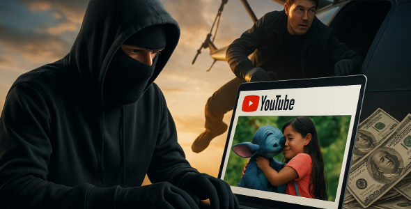 Blockbuster im Schattennetz: Pirat streamt Disneys „Lilo & Stitch“ auf YouTube – während Markenwerbung und Geld fließen.