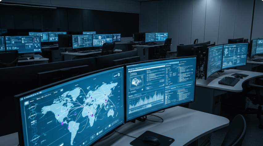 Cyber-Ermittlungsraum mit Monitoren, abstrakten Netzwerkverbindungen und einer digitalen Weltkarte als Symbol für die Analyse eines internationalen Hacker-Netzwerks.