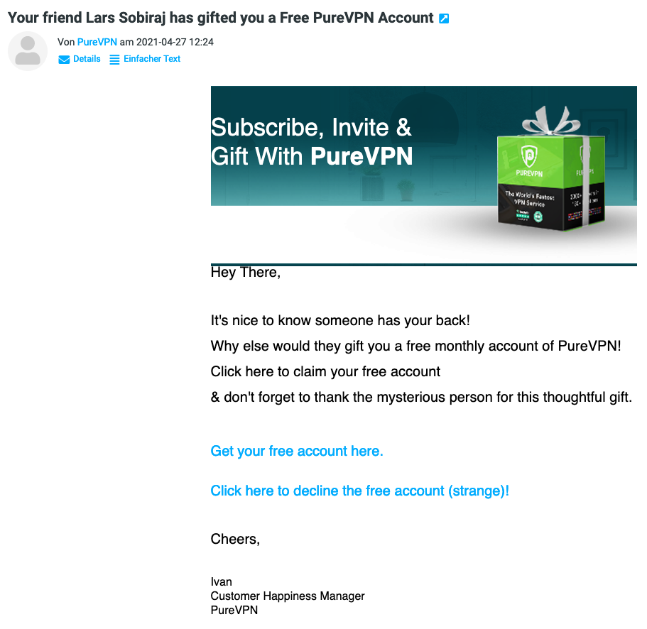 Geschenk per E-Mail von PureVPN