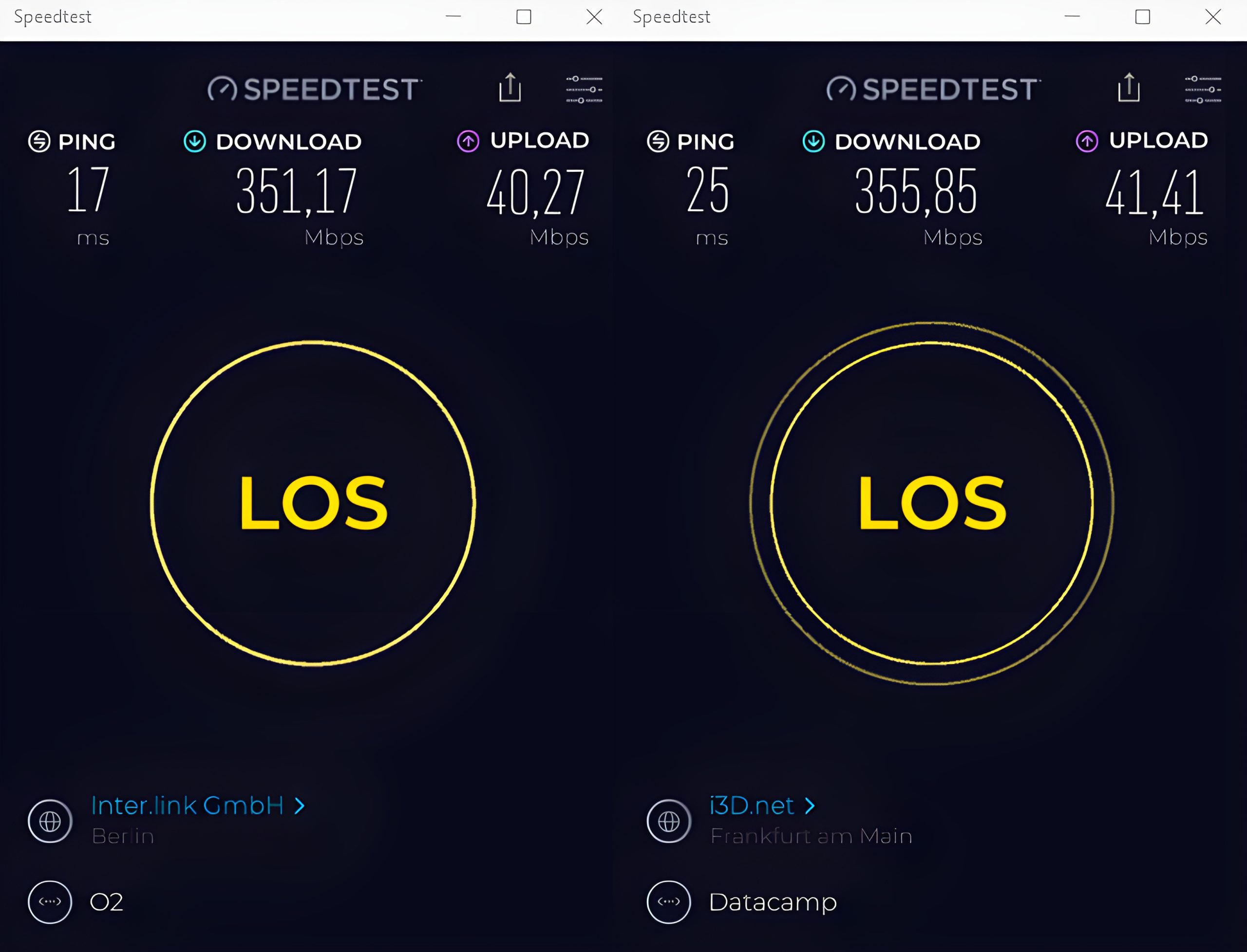 Ein Speedtest von Ookla ohne den aktiven VPN Hide.me auf der linken Bild Seite. Auf der rechten Bild Seite sieht man das Ganze mit aktivierten VPN