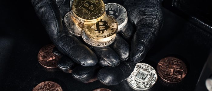 Bitcoin, Münzen, Handschuh, Dieb