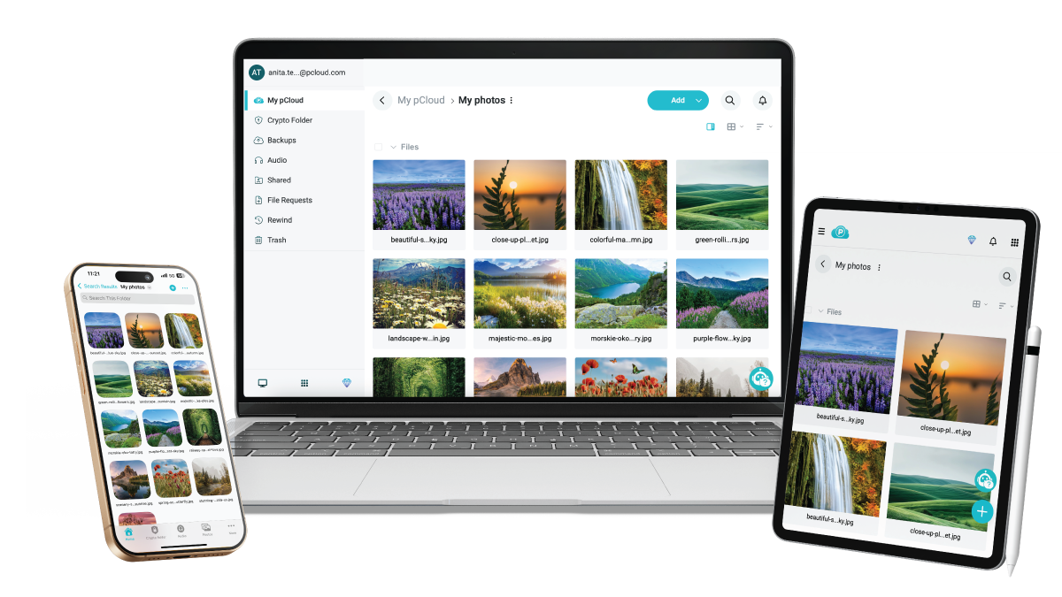 pCloud: v.l.n.r.: Smartphone, Notebook und Tablet-PC, auf dem pCloud läuft.
