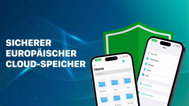 Sicherer europäischer Cloud-Speicher: zwei Smartphones und dahinter das grüne Symbol von pCloud.