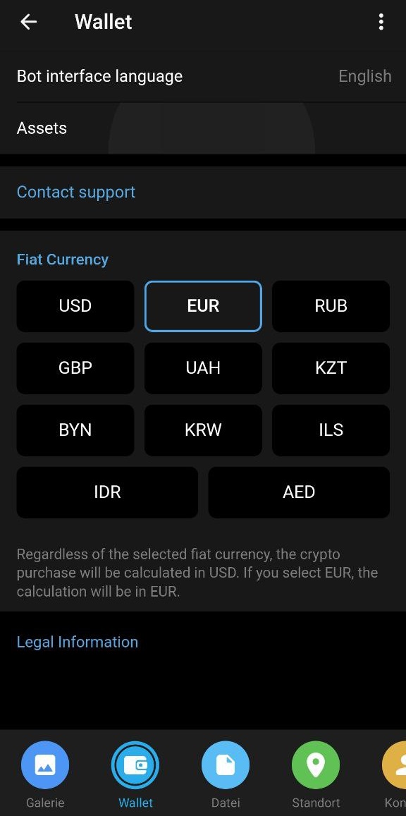 Telegram-Wallet mit EUR als Fiat-Währung