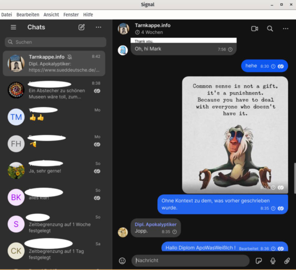 Screenshot: Der Signal-Client unter Pop OS! So sieht der Signal-Chat in unserer Gruppe aus.