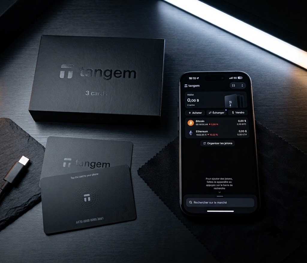 Tangem-Hardware-Wallet-Set auf einem dunklen Schreibtisch; zwei schwarze NFC-Karten neben der schwarzen Box „3 cards