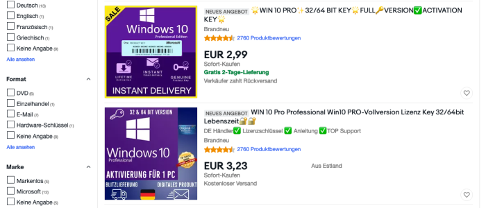 Billige Windows 10 Keys bei eBay