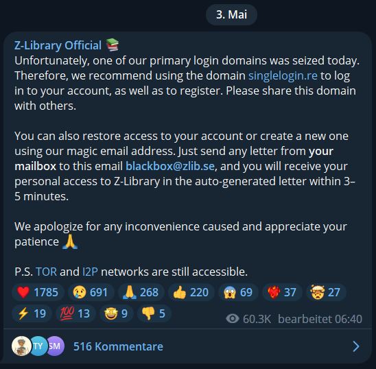 Offizielle Stellungnahme von Z-Library zu den vom FBI beschlagnahmten Domains