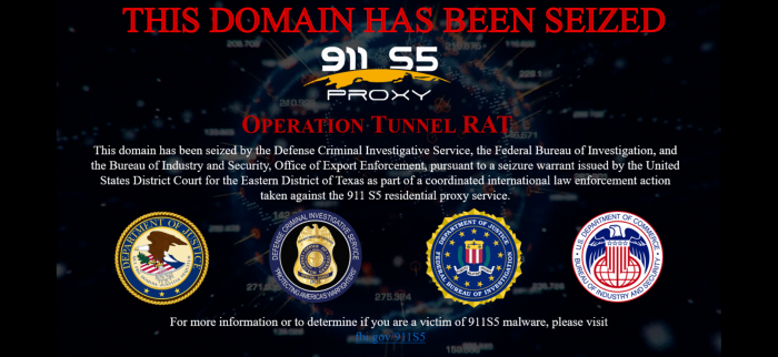 Das FBI hat die Domain von 911 S5 beschlagnahmt