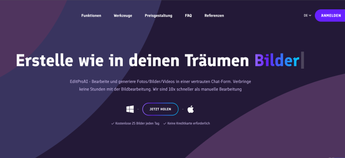 Die Webseite von EditProAI lockt mit vielen Versprechungen