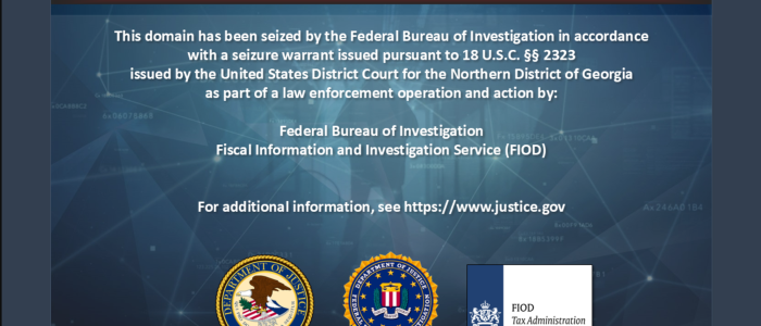 Hinweisgrafik: Diese Website (NSW2U) wurde vom FBI und der niederländischen Steuerfahndung (FIOD) beschlagnahmt. Zu sehen ist eine blau unterlegte Anzeige des Justizministeriums mit Logos von DOJ, FBI und FIOD auf Netzstruktur-Hintergrund.