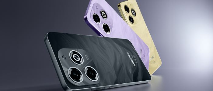 Drei LAGENIO A11 Pro Smartphones in den Farben Schwarz, Lila und Gold liegen nebeneinander. Auf den Rückseiten sind jeweils drei Kameralinsen und das LAGENIO-Logo sichtbar.