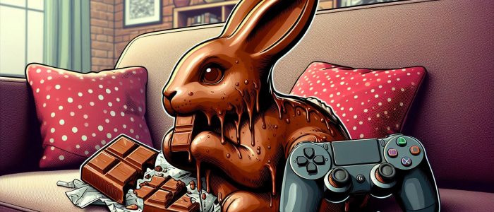 Ein Osterhase, passend zur April-Glosse, mit Gaming Zubehör, Glosse im April.