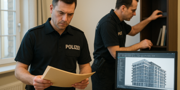 Digitale Spurensuche: Polizeibeamte prüfen Unterlagen, während am Rechner ein CAD-Modell das mutmaßliche Beweismittel offenbart.
