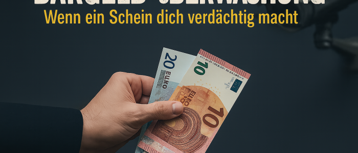 Auf dem Bild sind vor dunklem Hintergrund zwei Euro-Scheine und daneben eine Überwachungskamera zu sehen. Darunter steht der Text: „Bargeld-Überwachung – Wenn ein Schein dich verdächtig macht”.