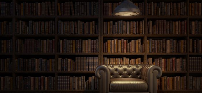 Leerer Sessel in einer schattigen Bibliothek