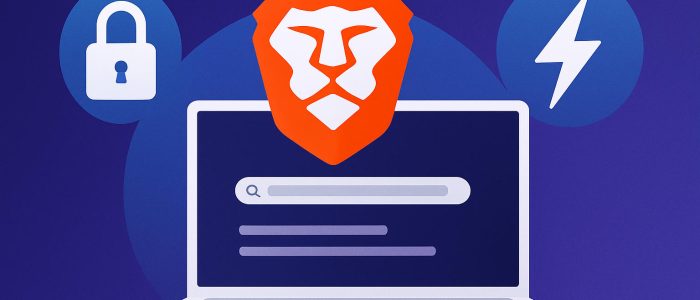 Es handelt sich um eine digitale Illustration, die den Brave-Browser zeigt. Zentral auf einem Laptop-Bildschirm steht das orangefarbene Brave-Löwenlogo. Links daneben ist ein Schloss als Symbol für Sicherheit zu sehen, rechts ein Blitz, der für Geschwindigkeit und Performance steht. Das gesamte Bild ist in blauen und violetten Farbtönen gehalten.