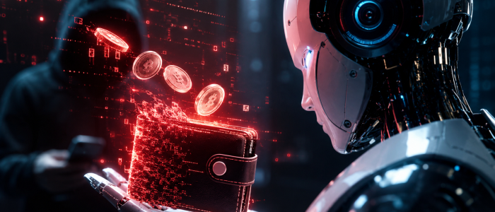 Cyberpunkartige Illustration eines humanoiden KI-Roboters mit digitaler Krypto-Wallet, während ein Hacker im Hintergrund einen Cyberangriff ausführt. Die Szene symbolisiert den Grok-Hack und die Risiken autonomer KI-Agenten im Kryptosektor.