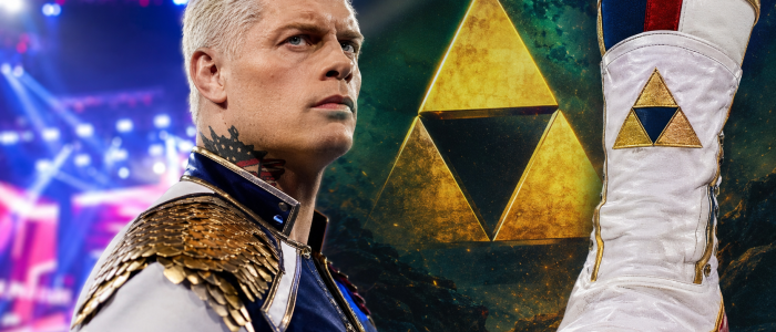 WWE-Star Cody Rhodes vor einem großen Triforce-Symbol aus The Legend of Zelda neben einem Wrestling-Boot mit Zelda-Emblem in Arena-Atmosphäre.