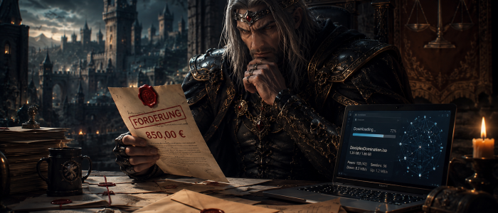 Fantasy-Krieger betrachtet ein Forderungsschreiben über 850 Euro neben einem Laptop mit Download-Anzeige vor einer mittelalterlichen Festung – Symbolbild für die Nimrod-Abmahnung 2026 wegen angeblichen Filesharings.