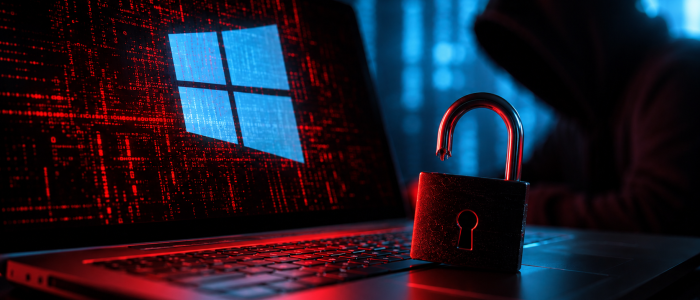 Laptop mit Windows-Logo, geöffnetem Vorhängeschloss und dunkler Hacker-Silhouette als Symbolbild für den BitLocker-Downgrade-Angriff BitUnlocker auf Windows 11.