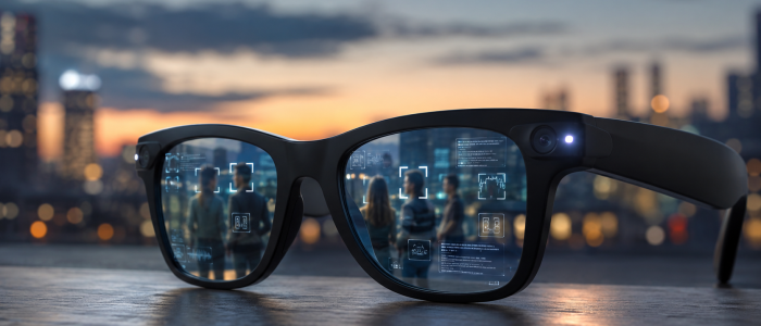 Meta KI-Brille mit Gesichtserkennung und KI-Analyse von Personen in einer urbanen Umgebung