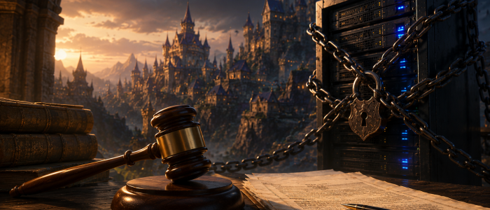 Fantasy-Stadt im Stil eines MMORPGs mit angekettetem Serverrack, Richterhammer und Klageschrift als Symbolbild für die Klage von Blizzard gegen den WoW-Privatserver Project Ascension.