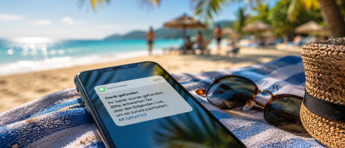 Gestohlenes Smartphone am Strand als Symbol für Phishing-Angriffe und Datendiebstahl im Urlaub.