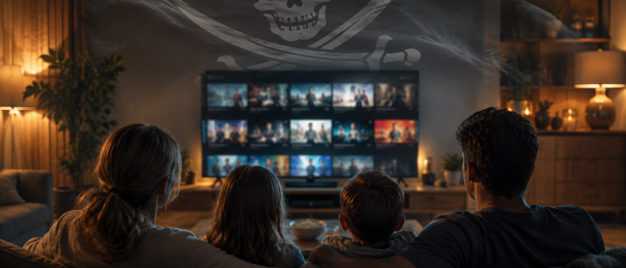 Familie vor einem Smart-TV mit Streaming-Inhalten, darüber eine Piratenflagge als Symbol für IPTV-Piraterie und das als „Piraten-Netflix“ bezeichnete illegale Streaming-Netzwerk.