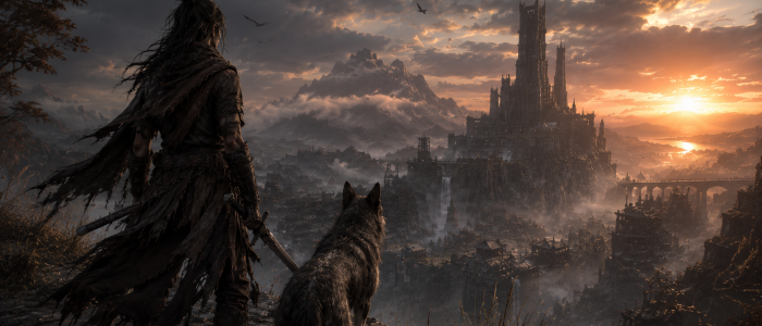 Beast of Reincarnation geleakt: Kriegerin und Hund blicken auf eine postapokalyptische Landschaft mit einer zerstörten Stadt.