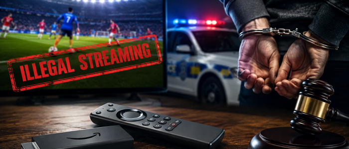 Symbolbild: Fire TV Stick und Fernbedienung vor einer Fußballübertragung, daneben Handschellen und Richterhammer als Sinnbild für die Verurteilung eines IPTV-Anbieters.