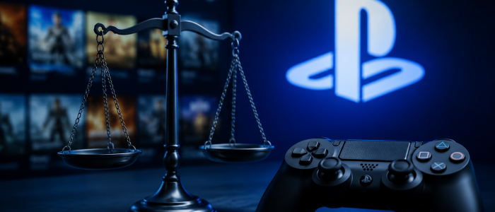 Richterhammer, Justizwaage und PlayStation-Controller als Symbolbild für die PlayStation Store Klage gegen Sony wegen digitaler Spielekäufe und digitaler Besitzrechte.