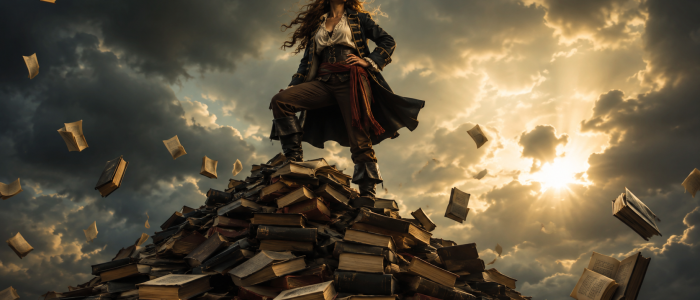 E-Book-Piratin gestoppt: Piratin steht triumphierend auf einem Berg aus Büchern