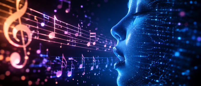 KI-Musik auf YouTube: Symbolbild mit digitalem Gesicht und Noten für künstlich erzeugte Songs, geklonte Stimmen und Musik durch künstliche Intelligenz.