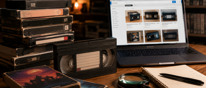 Alte VHS-Kassetten auf einem Schreibtisch neben einem Laptop als Symbol für den Online-Verkauf von Videofilmen und mögliche rechtliche Risiken.