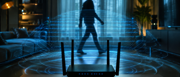 Ein WLAN-Router sendet digitale Funkwellen aus, während sich eine Person im Hintergrund durch einen Raum bewegt. Die Illustration symbolisiert WiFi-Tracking und WLAN-Überwachung durch Router-Signale.