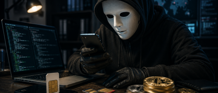 Symbolbild einer SIM-Swap-Bande mit maskiertem Täter, Smartphone, SIM-Karten und Kryptowährungen als Illustration eines SIM-Swap-Angriffs auf Kryptobörsen.