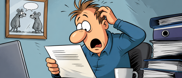 Cartoonfigur erschrickt über Abmahnung wegen Cartoon-Nutzung am Computer