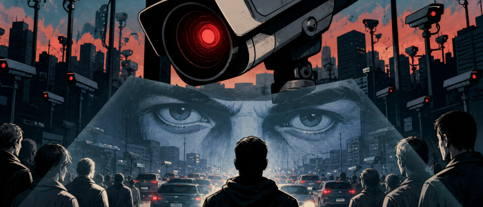 Dystopische Cartoon-Illustration mit Überwachungskameras in einer Stadt, die Menschen und Fahrzeuge erfassen – Sinnbild für Flock Safety und massenhafte Datenerfassung.