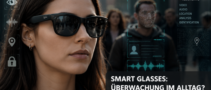 Frau mit Smart Glasses vor einer Stadtkulisse. Grafische Einblendungen symbolisieren Gesichtserkennung, KI-Analyse und die Datenschutzrisiken moderner Kamerabrillen.