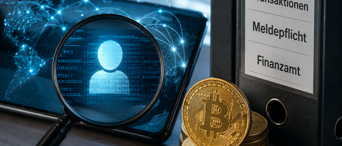 Lupe über digitalem Nutzerprofil neben Bitcoin-Münzen und Aktenordnern als Symbol für Krypto-Meldepflicht, Datenaustausch und steuerliche Erfassung von Kryptowährungen.