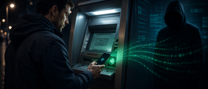 Illustration eines Reverse-NFC-Angriffs: Ein Nutzer hält sein Smartphone an einen Geldautomaten, während Cyberkriminelle die Transaktion manipulieren und Geld auf Täterkonten umleiten.