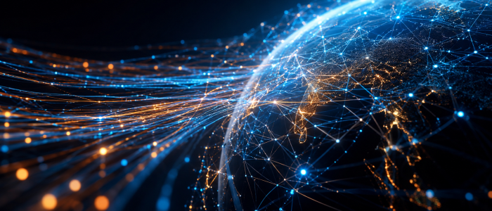 Stilisierte Erdkugel mit leuchtenden Netzwerkverbindungen und Datenströmen als Symbol für die weltweite Verteilung digitaler Daten in einem Peer-to-Peer-Netzwerk.