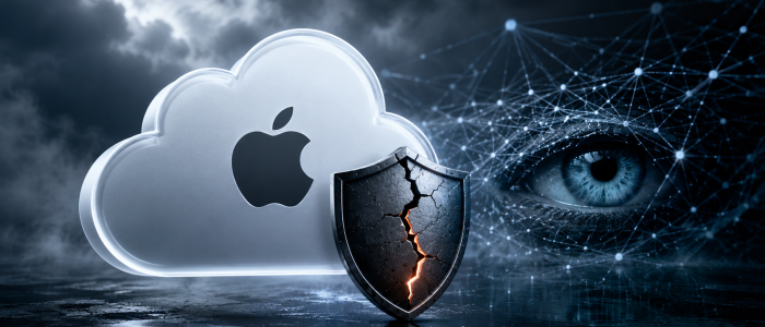 iCloud Private Relay mit Apple-Cloud, gebrochenem Schutzschild und digitalem Netzwerk als Symbol für mögliche IP-Leaks durch WebKit