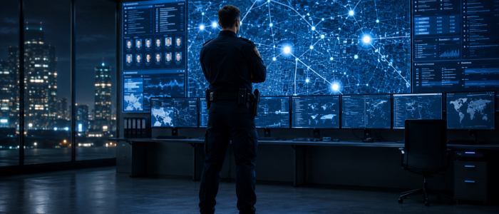 Polizeibeamter analysiert auf Bildschirmen Standortdaten und digitale Bewegungsprofile aus kommerziellen Datenquellen. (Symbolbild)