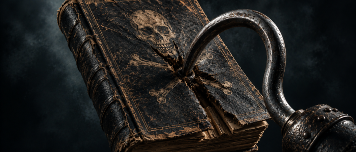 Enterhaken durchbohrt ein Piratenbuch als Symbolbild für E-Book-Piraterie und den Kampf gegen illegale digitale Bücher.