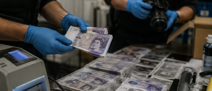 Polizeibeamte untersuchen sichergestellte gefälschte 20-Pfund-Banknoten und Beweismittel in einer illegalen Falschgeld-Werkstatt.